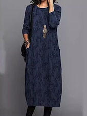 economico Abiti eleganti floreali-abito midi da donna con scollo rotondo floreale e maniche lunghe primavera autunno