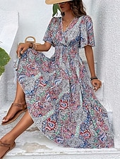 abordables Robes Bohémiennes-Femmes Robe maxi Robe Décontractée Robe évasée Robe trapèze Robe bohème Occasionnel Quotidien Coupe régulière Fleuri Paisley Manche Courte Col en V Bleu Fuchsia Été Printemps Automne