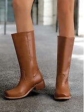 levne Cowboy &amp; Western Boots-dámské hnědé westernové kovbojské boty z umělé kůže - výška do půl lýtek s naskládaným podpatkem pro ležérní outfity a outfity ve venkovském stylu