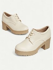 cheap Women&#039;s Oxfords-Women&#039;s Ivory Lace-Up Platform Oxford Shoes – Chunky Heels with Textured Soles for Casual and Office Wear