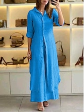 preiswerte Sets-Damen Mode Streetwear Täglich Hemd Leinen-inspirierte Sets Zweiteilige Sets Rock Langarm Hemdkragen Einfach Patchwork Lässig Täglich Rote Himmelblau Khaki Herbst Normale Passform