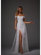 billige HVIT-havfrue aftenkjole elegant kjole bryllup gjesteball feie / børste tog gulvlengde kortermet off shoulder høst bryllupsmottak sateng med splitt 2025