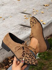 levne 30. léta-hnědé oxfordské boty z umělého semiše s leopardím vzorem - stylové šněrovací kalhoty pro ženy, ideální pro ležérní a vintage vzhled