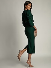 abordables robe noire midi-Robe en maille Robe d&#039;hiver Femme Robe mi-longue Couleur unie Robe chic Bureau Patchwork manche longue Col V Robe Standard Vert militaire Noir Automne Hiver S M L XL XXL