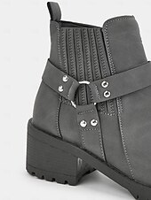 cheap Ankle Boots-Women&#039;s Grey Ankle Boots – Stylish Block Heel with Strap Details, Side Zip, and Rugged Sole for Casual and Outdoor Wear
