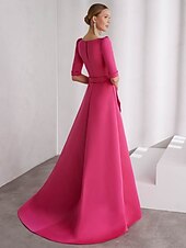 preiswerte Schlauch-Abendkleider-A-Linie Bodenlang Abiballkleider Abendkleid Ballkleid Festliche Kleidung Elegant seidig Halbarm V Ausschnitt Formell Weihnachten Rosa Kleid Satin mit Rüschen