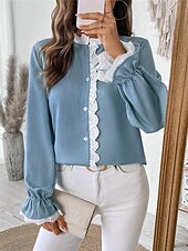 preiswerte Elegante Oberteile-Damen Hemd Bluse Feste Farbe Basic Brautkleider schlicht Langarm V Ausschnitt Normale Oberteile Täglich Spitze Patchwork Knopf Blau Herbst Winter