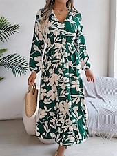 levne Elegantní květinové šaty-Dámské Midi šaty Volnočasové šaty Swingové šaty Áčkové šaty Na běžné nošení Denní Běžný Květinový Dlouhý rukáv Do V Fialová Trávová zelená Khaki Léto Jaro Podzim
