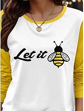 abordables T-shirt Humor &amp; Citations-Femmes T-shirt Lettre Les abeilles Occasionnel manche longue Col ras du cou Hauts Réguliers Quotidien Imprimé Jaune Printemps Automne