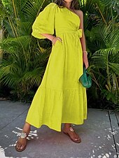 abordables Robes de vacances-Robe casual Robe unie Femme Robe Maxi A Volants Poche Sport &amp; Loisir Plein Air Décontractées Une Epaule Manches 3/4 Standard Jaune Fuchsia Orange S M L XL