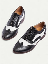 abordables Richelieu femme-chaussures richelieu brogue noires et blanches pour femmes - chaussures habillées vintage en similicuir à bout golf bicolore pour occasions formelles