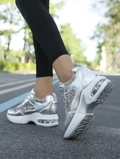 tanie Trampki damskie-Damskie trampki na platformie z brokatem i podeszwą Air Cushion – błyszczące czarne sznurowane buty sportowe na co dzień i na imprezę