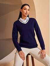 olcso Női golfruházat-női v-nyakú kötött pulóver hosszú ujjú felső téli meleg pulóver női golf öltözék ruhák ruhák viselet ruházat