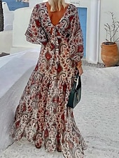 abordables Robes de vacances-Femme Robe Maxi Robe casual Robe Évasée Robe Trapèze Décontractées du quotidien Standard Cachemire manche longue Col V Vin Eté Printemps Automne