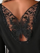 levne Krajkové topy-Elegantní krajkové topy pro ženy s očkovacími detaily sexy blůza neformální jednobarevné běžné topy dlouhý rukáv kulatý výstřih krajkový patchwork regular fit každodenní černé romantické drobné topy