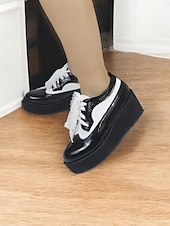 preiswerte Damenschnürschuhe-schwarz-weiße Damen-Brogue-Oxfords mit Plateausohle – Schnürschuhe aus Vintage-Lackleder mit dicker Sohle