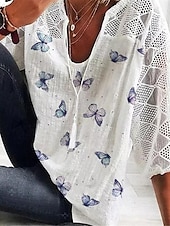 preiswerte Spitzenoberteile-Damen Hemd Bluse Schmetterling Täglich Basic 3/4 Ärmel V Ausschnitt Normale Oberteile Täglich Patchwork Bedruckt Weiß Gelb Blau Sommer Frühling