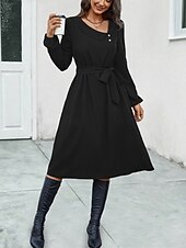 cheap Midi Black Dress-Women&#039;s Casual Dress Midi Dress Buttons Belted Casual V Neck Long Sleeve Black Color