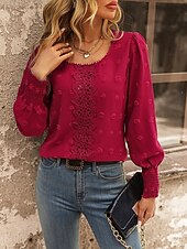 economico Top in Pizzo-Top Eleganti in Pizzo per Donna con Occhielli Maglietta Casual di Colore Solido Maniche Lunghe Collo a Giro Pizzo Patchwork Regolare Fit Giornaliero Romantico Petite Top Estivi da Vacanza Rosso