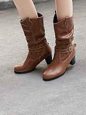 olcso Slouch Boots-barna, térdig érő női csizma csatos részletekkel és blokksarkúval – klasszikus és sokoldalú lábbeli hétköznapi és őszi ruhákhoz