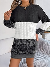 cheap Sweater Dress-Women&#039;s Sweater Sweater Dress Casual Soft Color Block Ribbed Crew Neck Knitted Long Sleeve Long Tops Knit Outdoor Daily Weekend Black Wine Fall Winter
