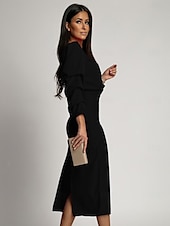 abordables robe noire midi-Robe en maille Robe d&#039;hiver Femme Robe mi-longue Couleur unie Robe chic Bureau Patchwork manche longue Col V Robe Standard Vert militaire Noir Automne Hiver S M L XL XXL