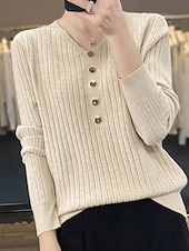economico Colori solidi-Per donna Pullover Maglione Moda Informale Morbido Tinta unica A coste A V Bottoni Manica lunga Top regolari Maglia Esterno Giornaliero Per uscire Nero Bianco Autunno Inverno