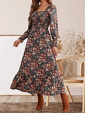 voordelige Casual bloemenjurken-dames bloemen vierkante hals maxi jurk lange mouw zomer lente