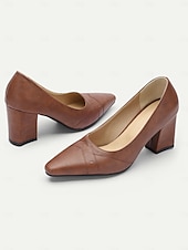 olcso Block Heels-női barna sarokpumpák – hegyes orrú retro formális cipő elegáns varrással irodai és parti viselethez