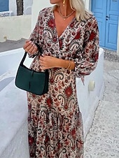 abordables Robes de vacances-Femme Robe Maxi Robe casual Robe Évasée Robe Trapèze Décontractées du quotidien Standard Cachemire manche longue Col V Vin Eté Printemps Automne