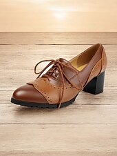 cheap 1950s-Women&#039;s Vintage-Inspired Two-Tone Faux Leather Brogue Oxfords with Block Heel - Classic and Comfortable for Work or Casual Wear