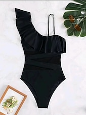 billiga One-piece-baddräkter-Dam Badkläder En bit Monokini Baddräkt Volang Nät Öppen rygg Magkontroll Hög midja Semester Standkläder Ensfärgat Halterneck Ärmlös Baddräkter