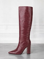 preiswerte Modische Stiefel-burgunderfarbene kniehohe Stiefel mit Krokoprägung für Damen – stylische Stiefel mit spitzer Spitze und Blockabsatz für die Herbst- und Wintermode