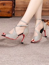 preiswerte Lateinamerikanische Schuhe-Latein-Tanzschuhe für Damen in Goldglitzer mit überkreuzten Riemen, weicher Wildledersohle und offenem Zehenbereich – High-Heel-Performance-Schuhe für Salsa, Tango und Gesellschaftstanz