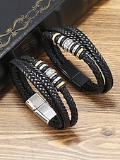 baratos Jóias Masculinas-pulseira masculina de couro trançado com detalhes em contas de metal – pulseira preta elegante de camada dupla com fecho magnético