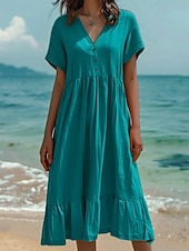 abordables concevoir des robes en coton et lin-Femmes Robe Midi Robes en coton et lin Robe d&#039;été Mode Occasionnel Quotidien Coupe régulière Couleur Unie Manche Courte Col en V Vert Claire Vert foncé Orange Gris foncé Été