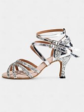 economico Scarpe per balli latini-scarpe da ballo da donna con glitter argento - tacchi da ballo latino con cinturino, doppia chiusura con fibbia e morbida suola in pelle scamosciata