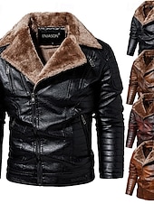 billige Lærjakker-Herre Lærjakker Fleece-jakke Biker jakke Motorsykkeljakke Daglig Feriereise Vindtett Hold Varm Lomme Høst vinter عادي Mote Klassisk Knaphul Normal Svart Rød Brun kaffe Jakker