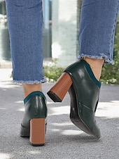 baratos Botas de tornozelo-botins femininos de couro sintético verde com bico fino e salto bloco – sapatos modernos e sofisticados para uso no escritório e na noite