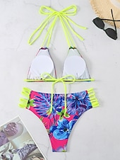 voordelige Bikinisets-Dames Zwemkleding Bikini 2 stuks Brutaal Zwempak Blote rug Uitknippen Slank Vakantie Strand Kleding Bloemig Halternek Mouwloos Badpakken