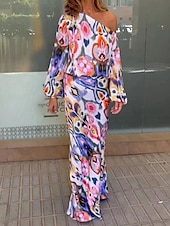 abordables Ensembles chemisiers pour femmes-Femme Robe Ensemble Robe casual Jupe Ensemble Décontractées Bloc de couleur A côtes Robe Maxi manche longue Une Epaule Extérieur du quotidien Rouge Bleu Ciel Vert Printemps Automne Standard