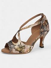 abordables Chaussures de danses latines-chaussures de danse latine à imprimé floral pour femmes - talons à bout ouvert avec design à lanières pour les spectacles de salon, de salsa et de tango
