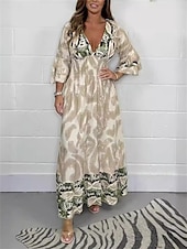 preiswerte Ausgefallene Kleider-Damen Maxidress Casual kleid Schaukelkleid A Linie Kleid Boho-Kleid Brautkleider schlicht Täglich Regular Fit Blumen 3/4 Ärmel V Ausschnitt Schwarz Grün Aprikose Sommer Frühling Herbst