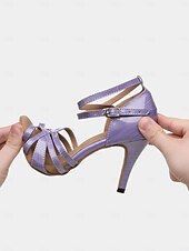 levne Boty na latinskoamerické tance-dámské fialové páskové boty na latinskoamerický tanec - sandály na vysokém podpatku s otevřenou špičkou pro salsu, tango a taneční vystoupení
