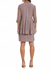 preiswerte Mit Jacke-Sheath  Säulen Kleid Strandhochzeitsanzug Mutter der Braut Kleid Eleganter Vintage Schmuckhals Knielang Chiffon 3/4 Länge Ärmeln Jacke Kleider mit Band  Schleife Einfarbig