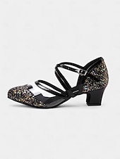 abordables Chaussures de danses latines-chaussures de danse à paillettes noires pour femmes avec brides croisées, semelle en daim souple et talons bas – parfaites pour les événements de salon, latins et de fête