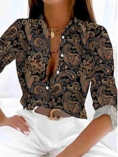 abordables Tops Boho pour Femmes-Femmes Chemise Fleuri Graphique Occasionnel manche longue Col de chemise Hauts Réguliers Travail Quotidien Boutons Imprimé Marron Printemps Automne Hiver