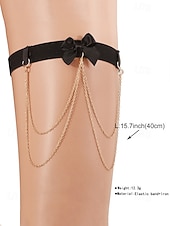 voordelige Damesarmband-Zwarte strik dijbeenketting harnas voor dames – sexy elastische kousenband met zilveren kettingaccenten, ideaal voor lingerie en festivaloutfits