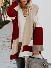 billige Cardigans og yttertøy-Dame Genser Kofte Fritid Myk Stripet Riflet Åpen Forside Strikket Langermet Lange topper Strikke utendørs Daglig Helg Vin Brun Høst Vinter