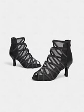 cheap Latin Shoes-Women&#039;s Black Mesh Strappy Latin Dance Shoes with Soft Suede Sole, Back Zipper and Open-Toe Design - Elegant High Heels for Salsa, Tango, and Ballroom